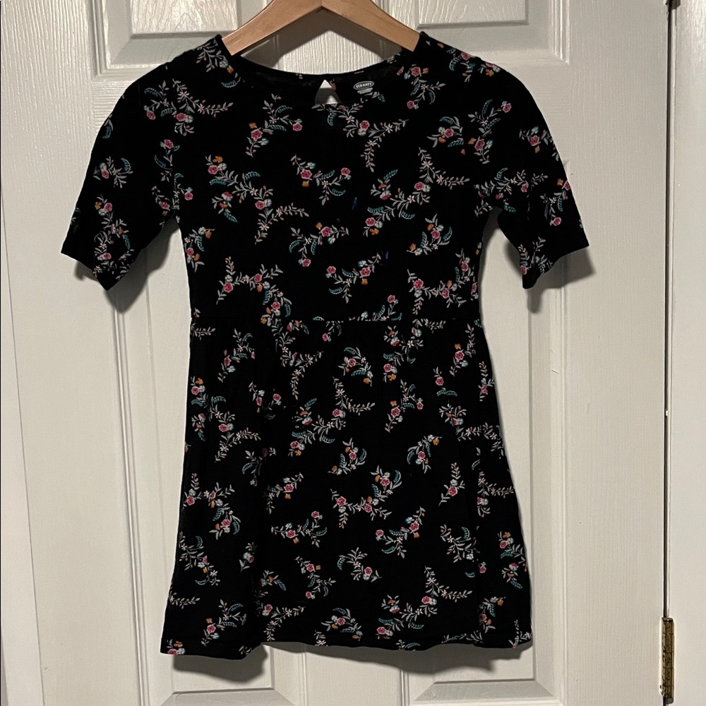 Old Navy Black Floral Racerback Tank Dress with Pink and Teal Accents
